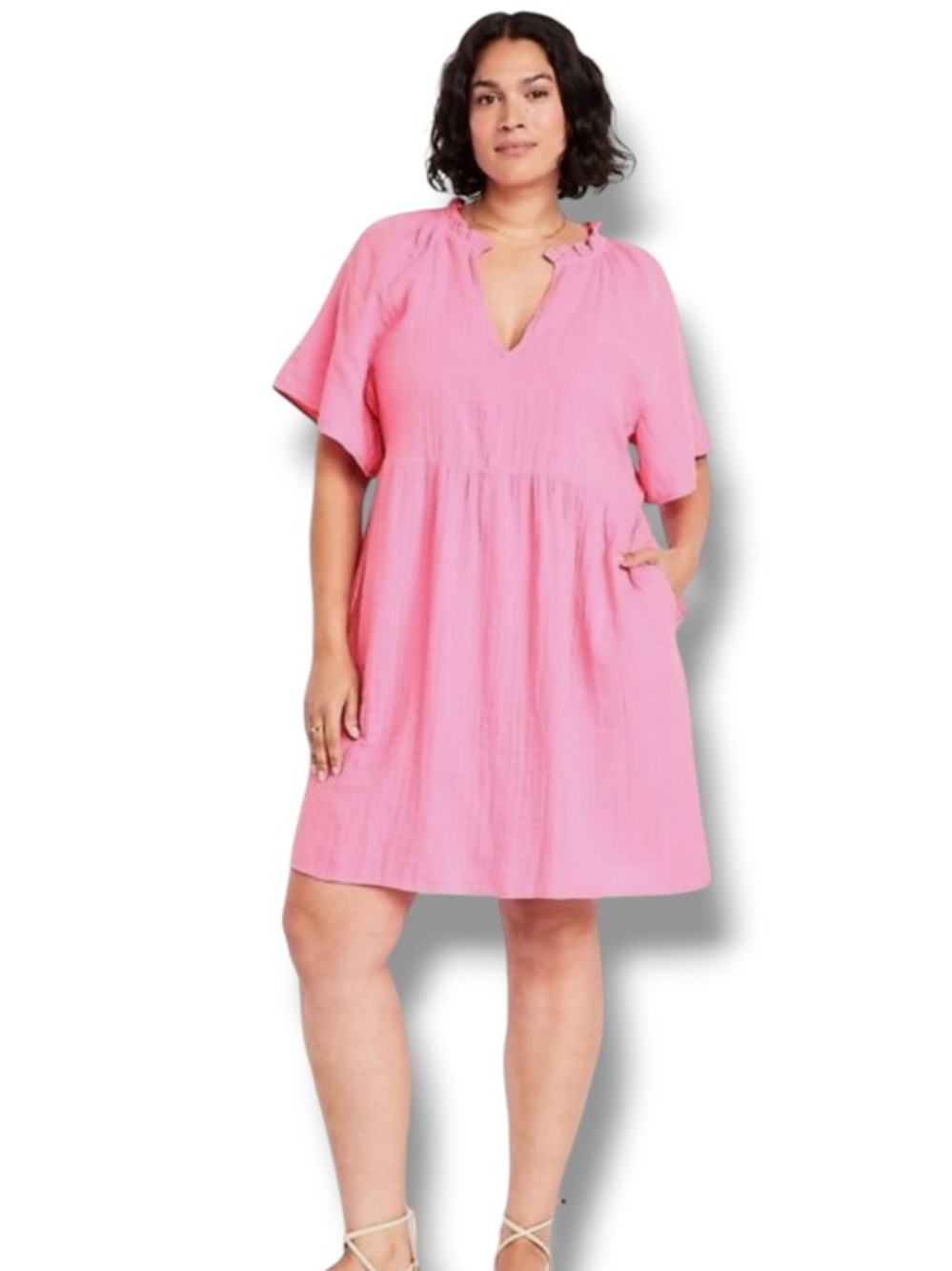 Old Navy Women’s Pink Split-Neck Crinkle Gauze Mini Swing Dress